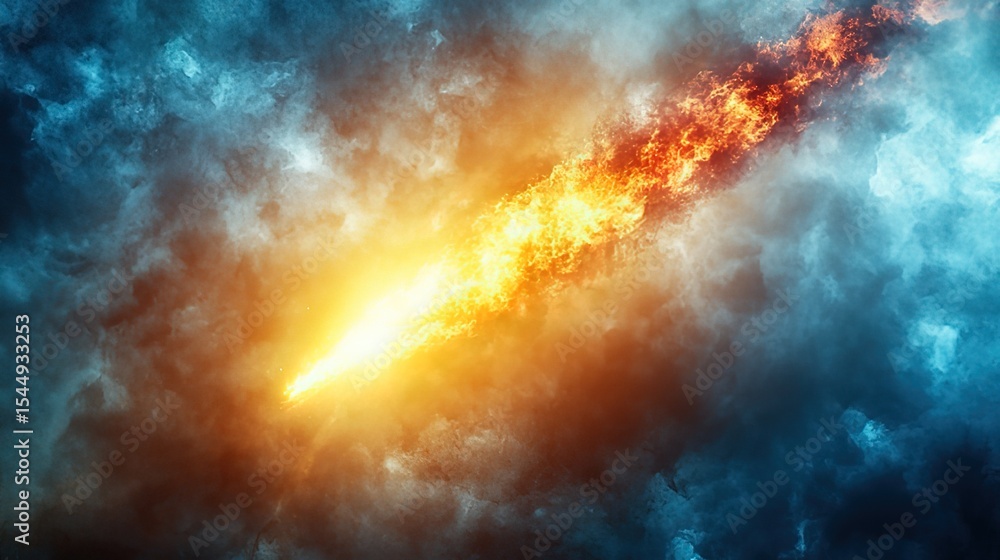 Fototapeta premium Vertical Golden Light Beams with Red Meteor Energy FX - Sunset Clouds Anime Background for Cinematic Digital Art Posters