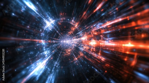 Multidimensional light beams refracted to present linear multiple intersecting light, abstract quantum physics visualization of energy and space.
