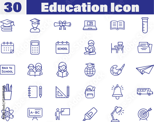 Set of 30 containing education, learning, teacher, book, E-learning, graduation, school subjects, classroom, students and more. Back to school Concept 