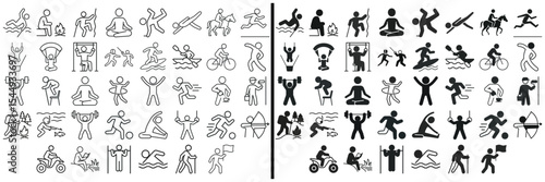 Activity icons: A detailed collection of stick figure icons depicting various activities such as yoga, running, cycling, weightlifting, skiing, hiking, and more.