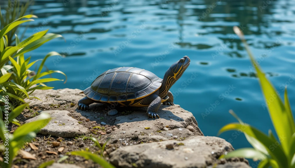 Obraz premium Dark Turtle on Rock Near Teal Water Green Plants tortoise