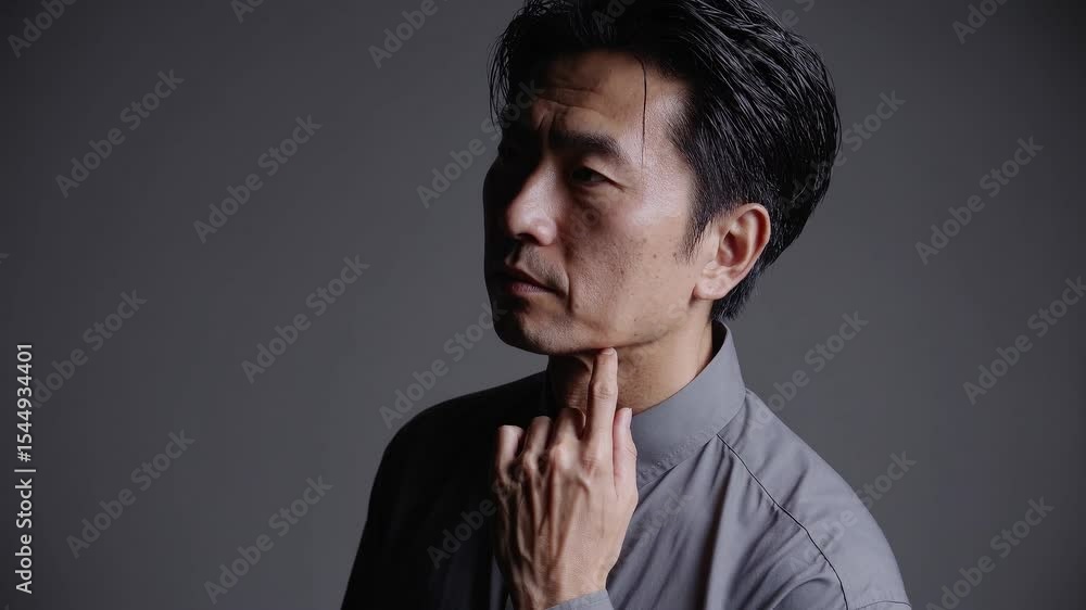Thoughtful Japanese Middle-Aged Man Posing with Hand on Chin in Dramatic Lighting Thoughtful Japanese Middle-Aged Man Posing with Hand on Chin in Dramatic Lighting