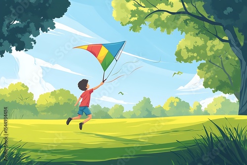 A Young Boy Flying a Kite in a Green Field with Trees Under a Blue Sky Pixel Art