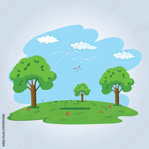 Green grass landscape art design with blue sky and birds like a garden