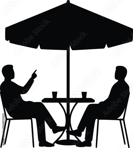 Silhouette of two individuals at an outdoor cafe table with drinks and umbrella on a sunny day