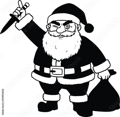Cheerful silhouette of santa claus in traditional outfit holding a knife with mischievous smile