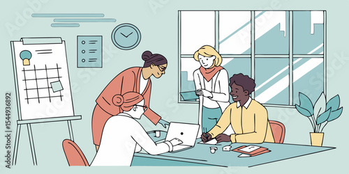 Teamwork in Office With Calendar Clock and Window Behind