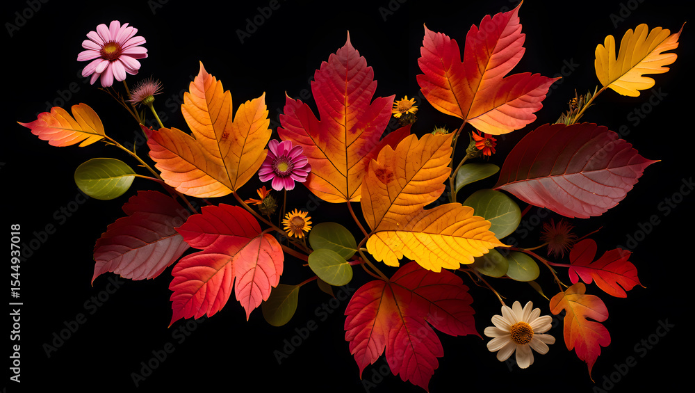 Vibrant autumn leaves and wildflowers arranged against a black background, showcasing rich red, orange, and yellow foliage with delicate pink and Vibrant autumn leaves and wildflowers arranged against a black background, showcasing rich red, orange, and yellow foliage with delicate pink and