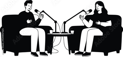 Minimalist silhouette of two individuals seated facing each other with microphones in a casual interview setting