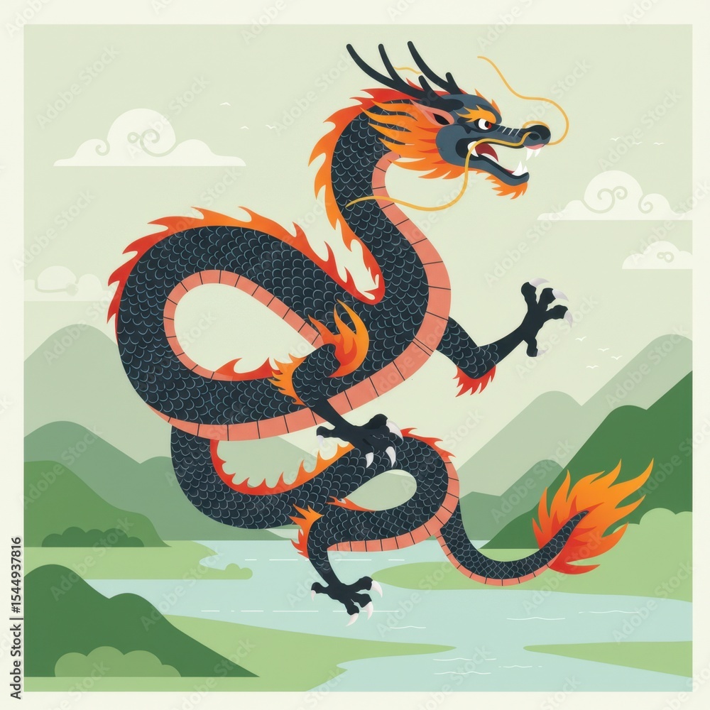 Fototapeta premium A traditional Asian dragon artwork featuring a fierce, coiled dragon with a golden and black color scheme. 