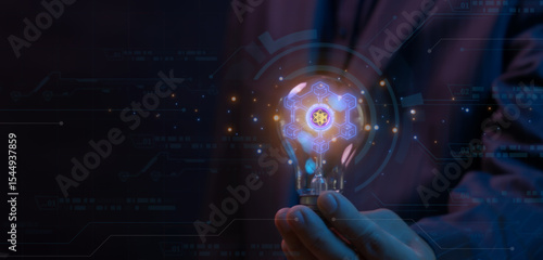 Wallpaper Mural Quantum computing, innovation concept for global network, advancement and exploration. Businessman shows glowing neon line quantum computing icon inside glowing light bulb. Torontodigital.ca