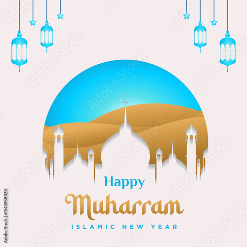 Happy Muharram Islamic Greeting Card Design with Decorative Islamic Background