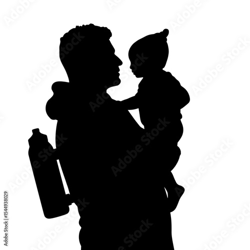 Silhouette of father lifting child with smart hoodie, modern parenting concept