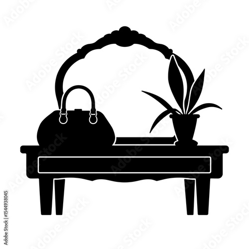 Silhouette of evening purse on vanity table with plant, minimalist fashion decor