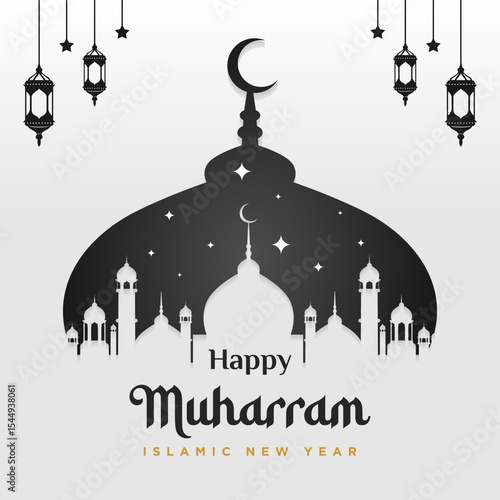 Happy Muharram Islamic Greeting Card Design with Decorative Islamic Background
