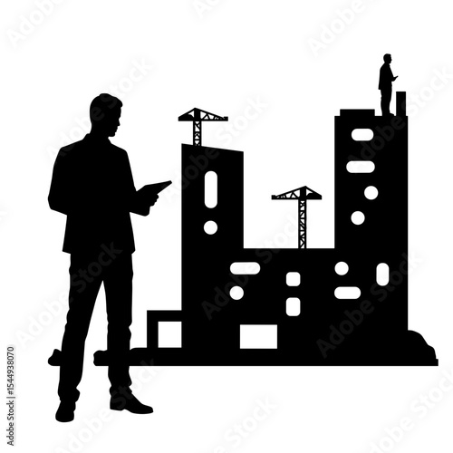 Silhouette of investor with clipboard at construction site, real estate development