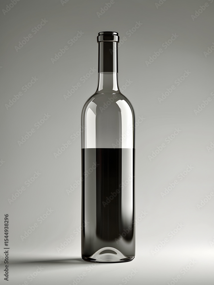 A glass bottle filled partially with a dark liquid stands centered against a soft gray background, highlighting its sleek, transparent shape. A glass bottle filled partially with a dark liquid stands centered against a soft gray background, highlighting its sleek, transparent shape.