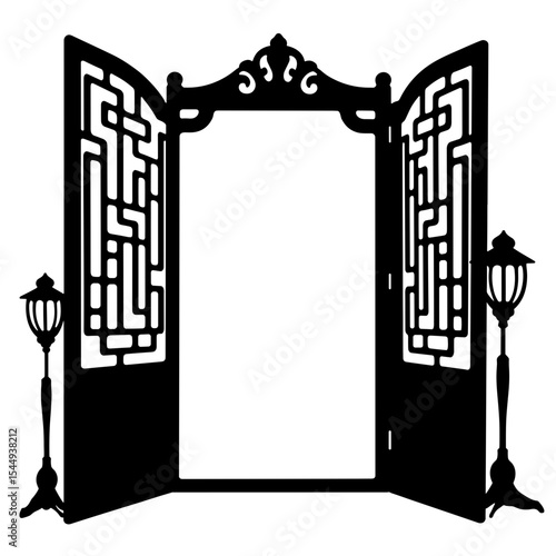Silhouette of Chinese folding screen with lanterns, eastern privacy and decor