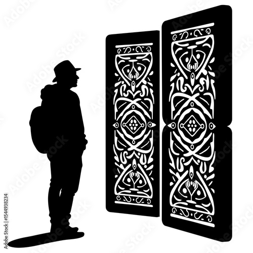 Traveler admiring Incan motif panel silhouette – cultural history exploration