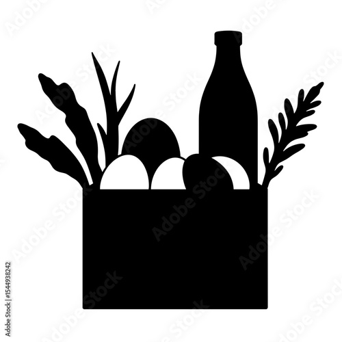 Silhouette of grocery box with eggs, herbs, and milk, kitchen essentials