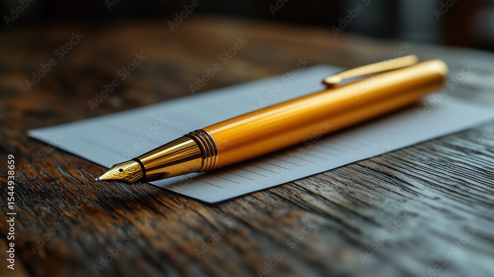 Fototapeta premium Golden Fountain Pen on a Business Card, Ready to Write