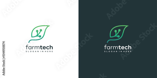 green leaf technology logo design
leaf with electronic circuit icon 