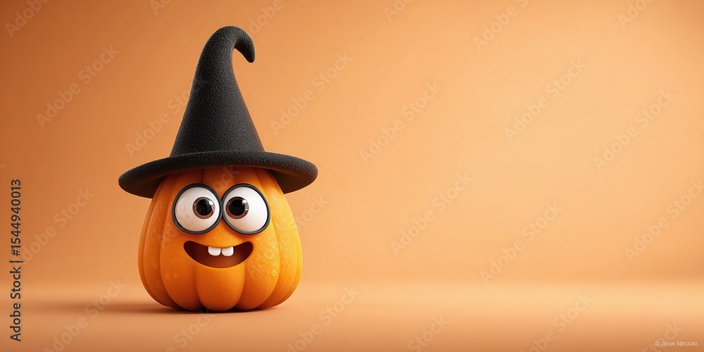 Cute pumpkin character in a witch hat, perfect for Halloween. Orange background. 3D rendering, smiling face, googly eyes. Festive and fun illustration. Cute pumpkin character in a witch hat, perfect for Halloween. Orange background. 3D rendering, smiling face, googly eyes. Festive and fun illustration.
