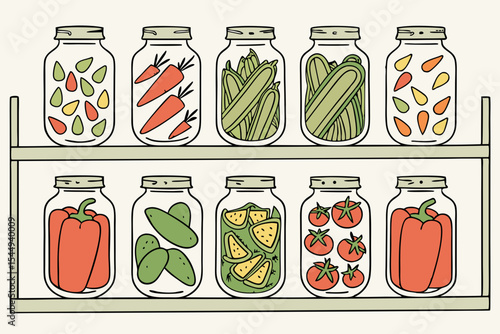Rows of jars filled with pickled vegetables on shelves