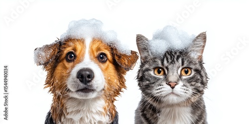Dog and cat with bubbly soap on their heads staring straight at the camera. Pets getting a bath together, isolated on white backdrop.