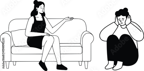 Black and white line drawing of two people seated on couch in conversation, casual communication and body language scene