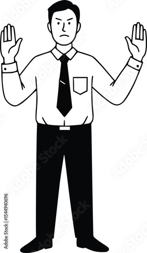 Black and white line drawing of man in profile with raised hands formal gesture symbolizing refusal or disagreement