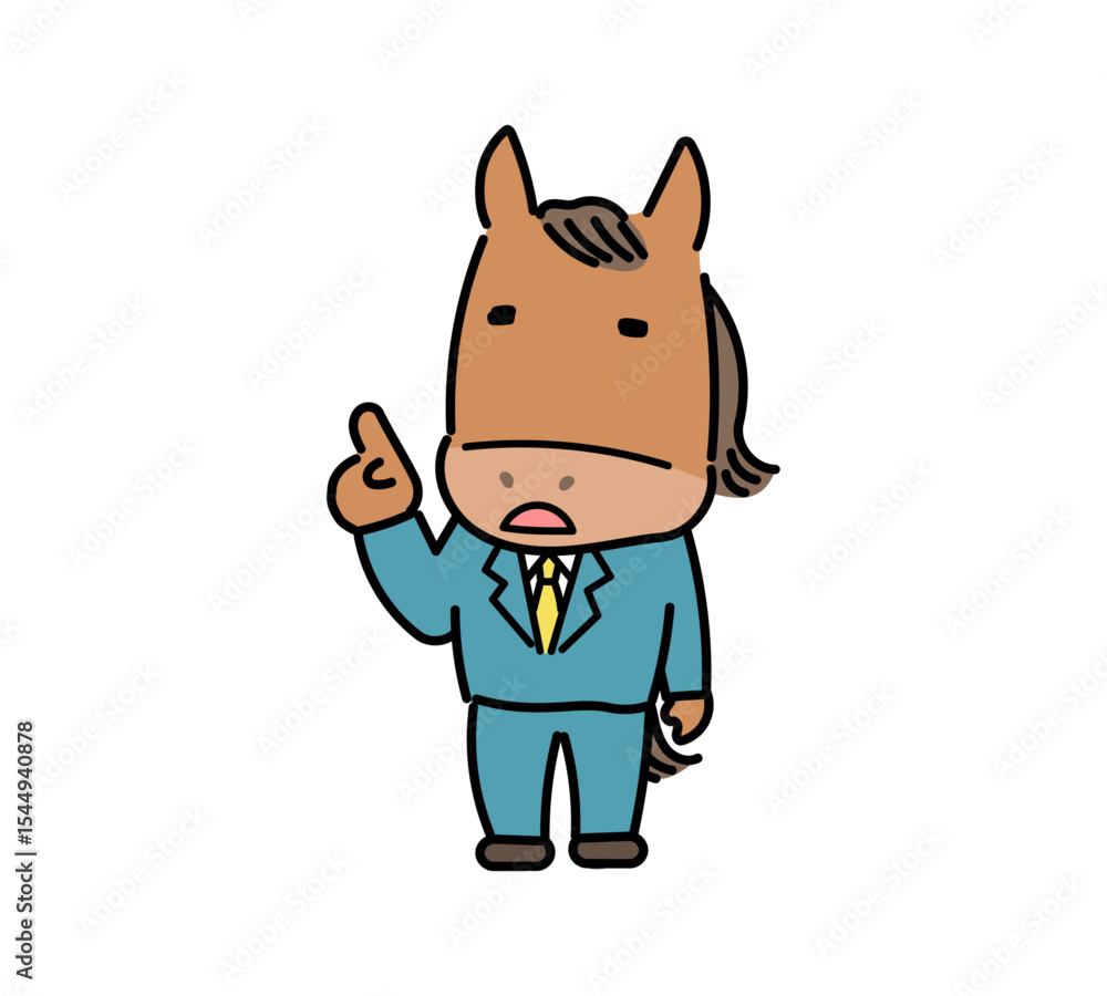 指差して解説するスーツ姿の馬キャラクター 指差して解説するスーツ姿の馬キャラクター