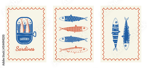 Hand-drawn vector set with sardines. Mediterranean summer food poster for packaging, decor, travel and print design.