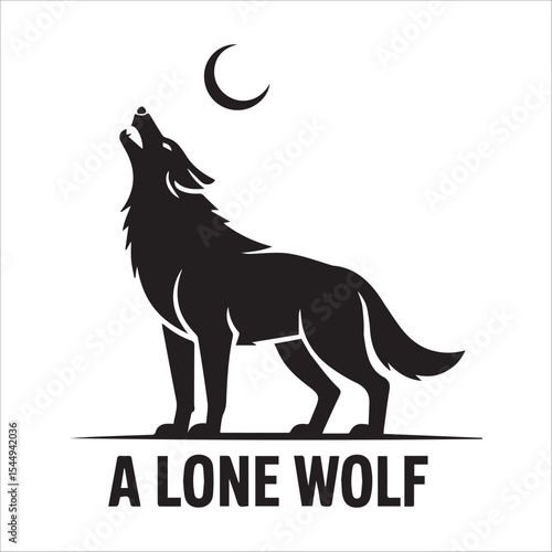 Howling Lone Wolf Silhouette Under Crescent Moon – Vector Animal Logo Design