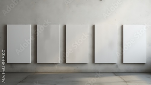 Five Blank White Rectangular Canvases Hanging on a Gray Concrete Wall Gallery Setting