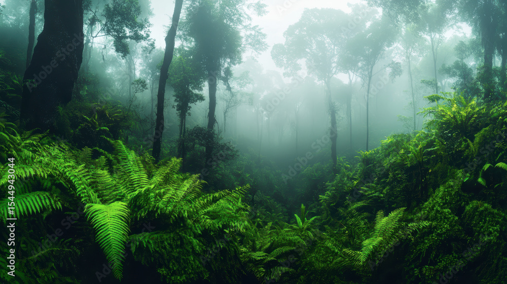 Fototapeta premium Foggy Tropical Rainforest with Ferns and Sunlight