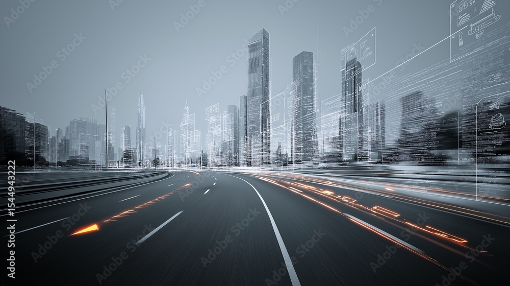 Naklejka premium Smart curved road in futuristic city with augmented data overlay