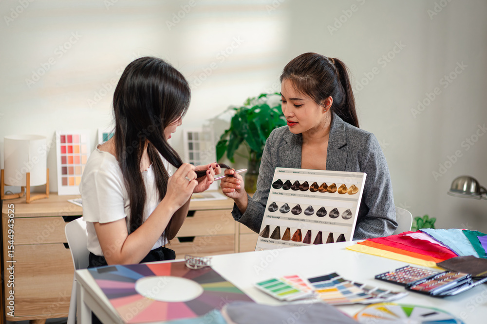 Fototapeta premium Personal Color Analysis Session Consultation for Young Adult Women Choosing Hair Color Matching Hair Swatches Fashion and Beauty Guidance to Enhance Style