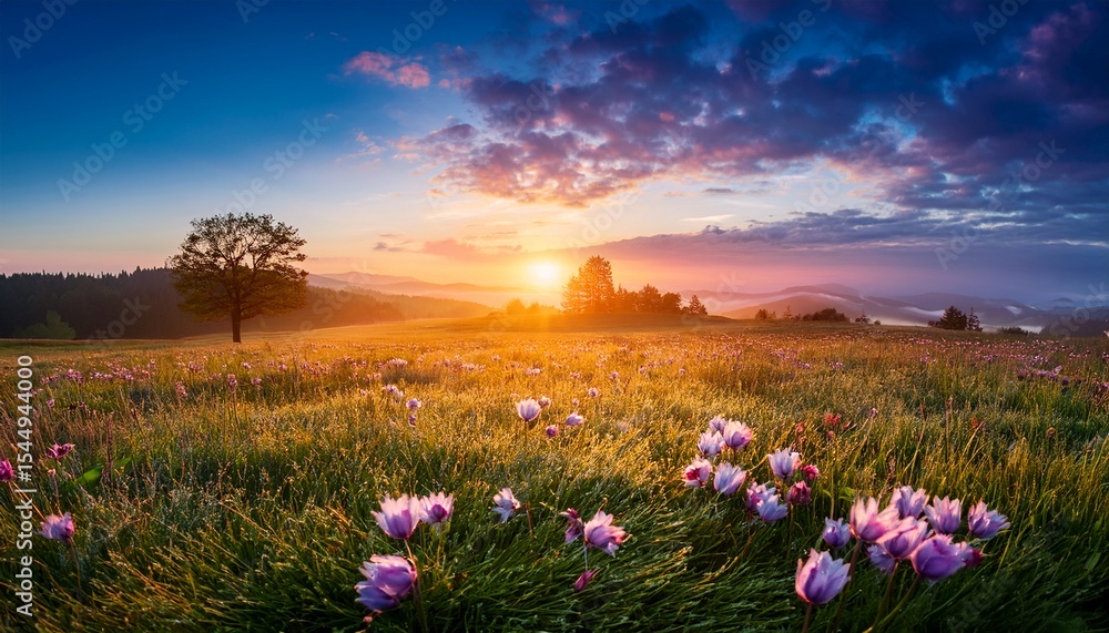 Fototapeta premium colorful spring sunrise on meadow