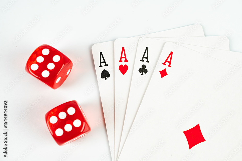 Obraz premium Image of two red six-sided dice and playing cards with A on them, suggestive of gambling or casino activities like poker and blackjack, for marketing materials in gaming, entertainment, or hospital