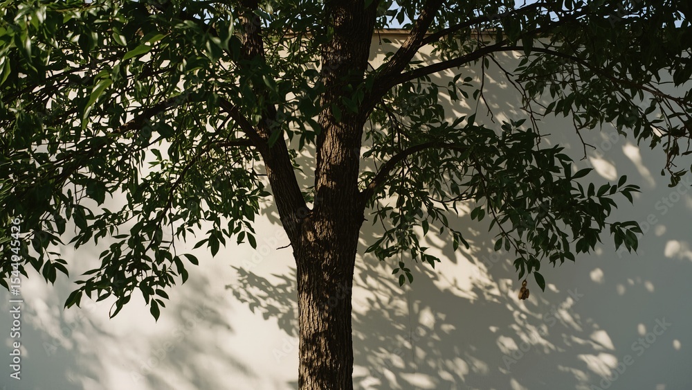 Fototapeta premium A sturdy tree casts intricate shadows against a white wall, showcasing its lush green leaves and rustic bark texture.