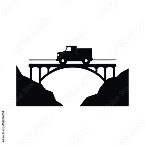 Truck Crossing Arch Bridge Black and White Icon Illustration