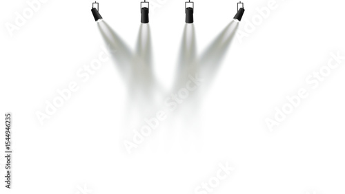 Multiple Hanging Spotlights with Beams: Several suspended stage lights casting strong, focused beams downwards, creating a dramatic illumination effect on a transparent background.


