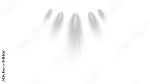 Fanning Overhead Spotlight Beams: Multiple soft, converging light rays radiating from a central point above, creating a dynamic and ethereal illumination on a transparent background.

