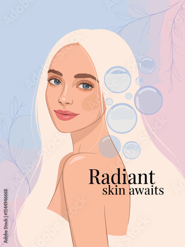 A vector illustration of a smiling blond woman with a radiant face and blue eyes, showcasing the beauty of skin and hair care