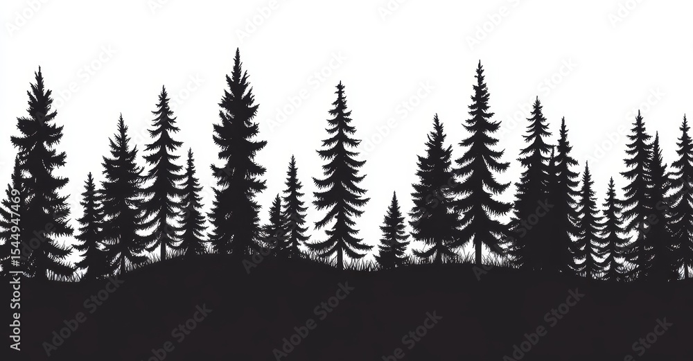 Obraz premium Beautifully illustrated, the silhouettes of fir trees stand out against a horizontal background of coniferous spruce patterns and black evergreen woods, forming a hand-drawn panorama of forest