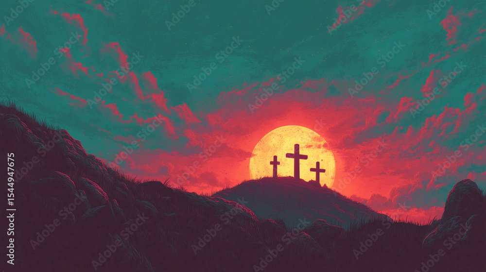 Fototapeta premium crosses on a hill at dramatic sunset – symbolic christian illustration for easter, spiritual prints, or religious publications