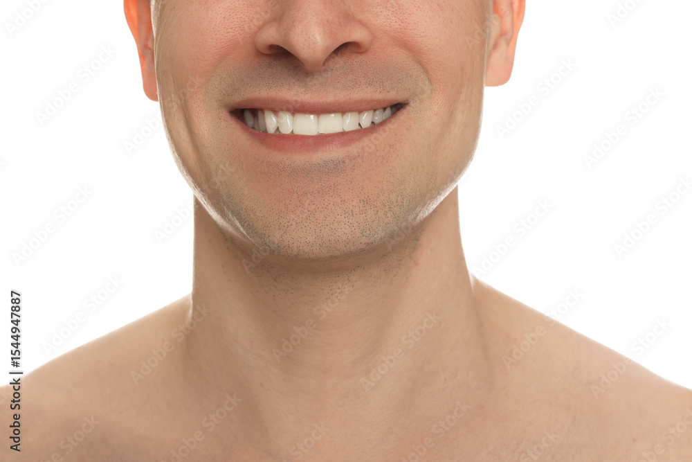 Obraz premium Smiling man after shaving on white background, closeup