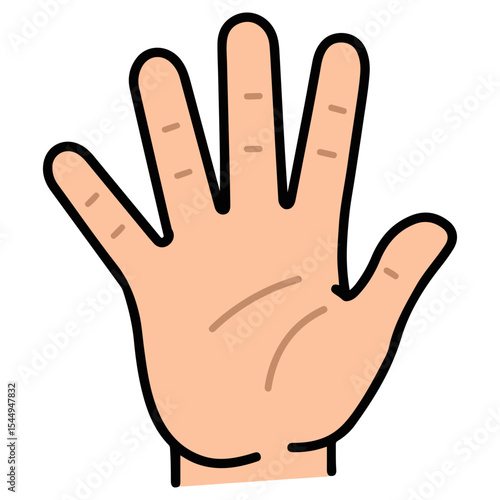 Cartoon illustration of a human hand held up with five fingers spread. Can represent a high-five, stop signal, or a wave. Simple, clean design for icons or communication graphics.