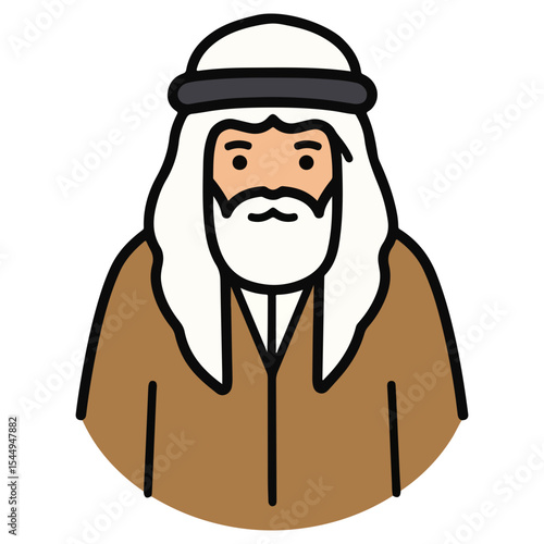 A cartoon avatar of an Arab man with a beard, wearing a traditional ghutra and agal headdress. A simple, respectful character icon for cultural or international business content.